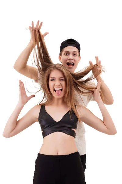 Rapper with his sexy girlfriend posing in studio — Stock Photo, Image