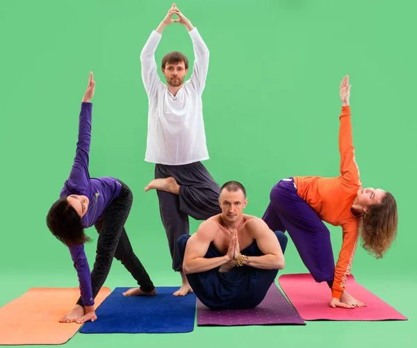 Homens e mulheres fazem ioga em estúdio fundo verde — Fotografia de Stock