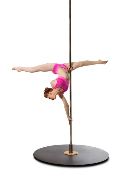 Pole dance artist makes twine on pylon, cutout — Stock Photo, Image