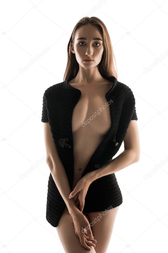 Woman in unbuttoned knitted waist cropped shot