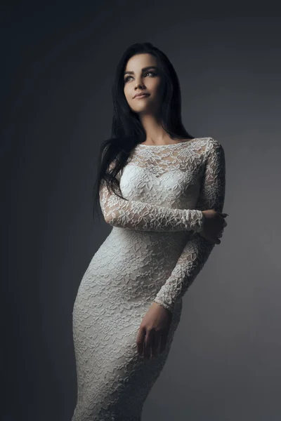 Sexy brunette in fine lace dress cropped shot — Stock Photo, Image