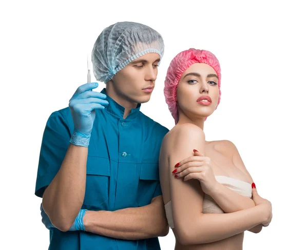 Plastic surgeon shot with his beautiful patient — Stock Photo, Image