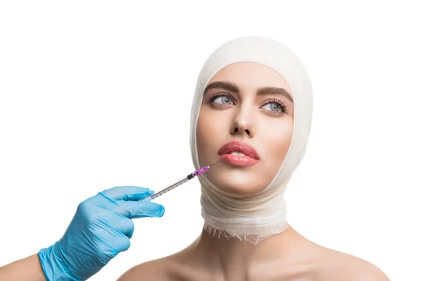 Girl her head bandaged getting beauty injections — Stock Photo, Image