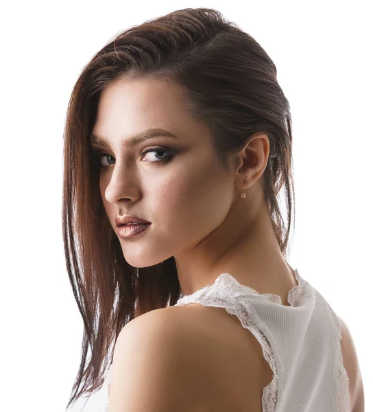 Sexy brunette in white lace top studio portrait — Stock Photo, Image