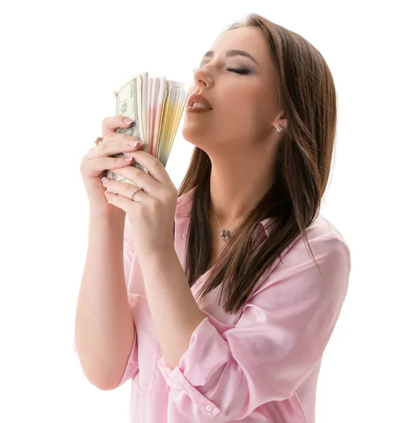 Conceito de bem-estar financeiro. Mulher com dinheiro — Fotografia de Stock