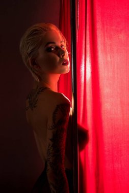 Zayıf, sarışın, üstsüz.