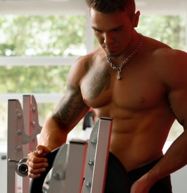 Dövmeli vücut geliştirmeci ağırlık plaka üzerinde halter koyar.