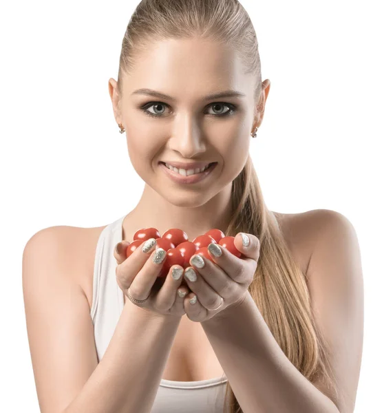 View of a beautiful young woman holding tomatoes — Stock Photo, Image