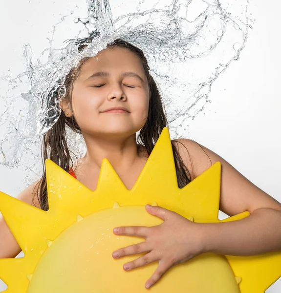 Teenage girl in water stream falling from top — Stock Photo, Image