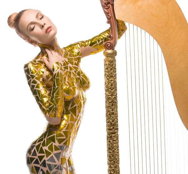 Seksi kız görünümü ile lüks bir müzikal harp — Stok fotoğraf