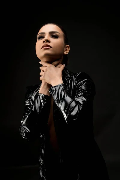 Slim girl in black leather jacket cropped portrait — Stock Photo, Image