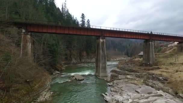 Красивий краєвид мосту над гірською річкою — стокове відео
