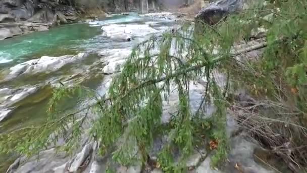 Prachtige landschap van de brug over de rivier van de berg — Stockvideo