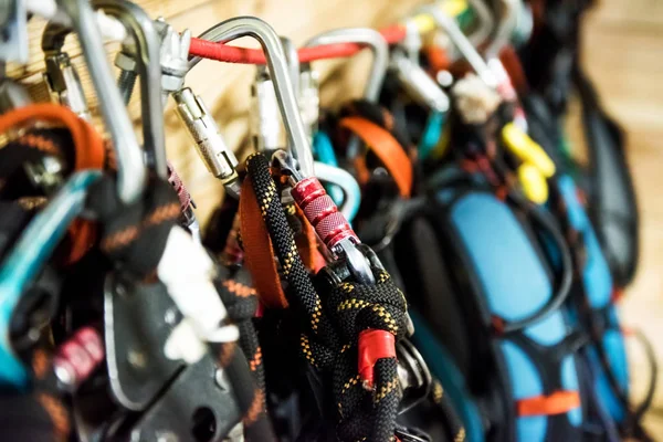 Climbing equipment hung on a rope — Stock Photo, Image