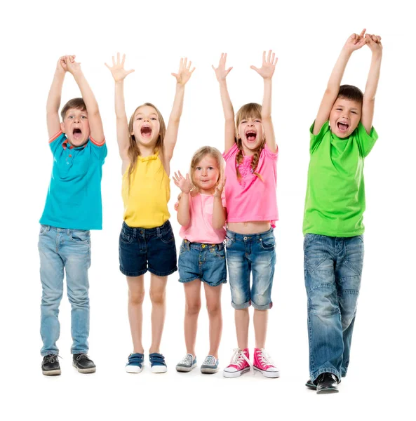 Joyful laughing children with hands up — Stock Photo, Image