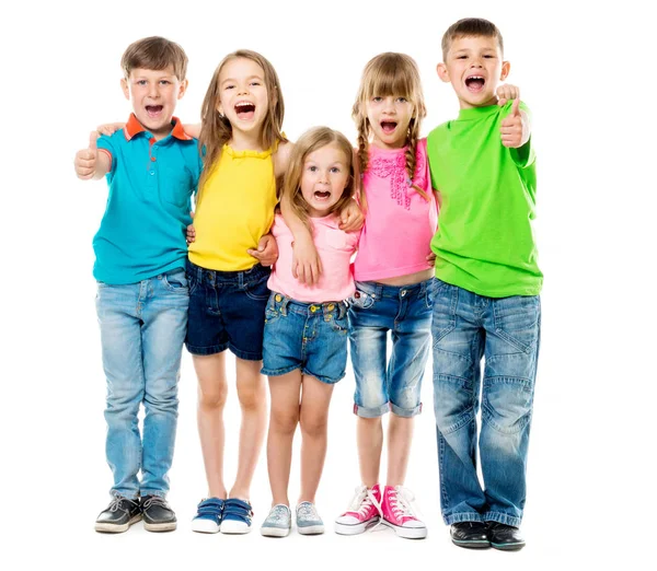 Funny laughing children embracing each other with thumbs up — Stock Photo, Image