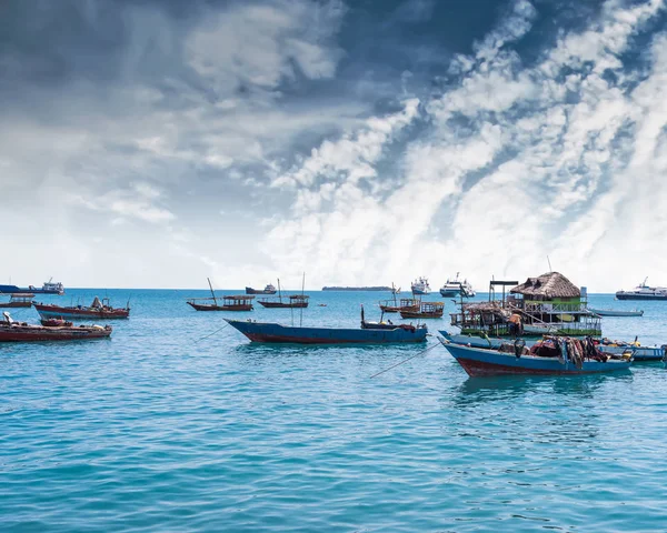 Seascape with many anchored fishing boats — Stock Photo, Image