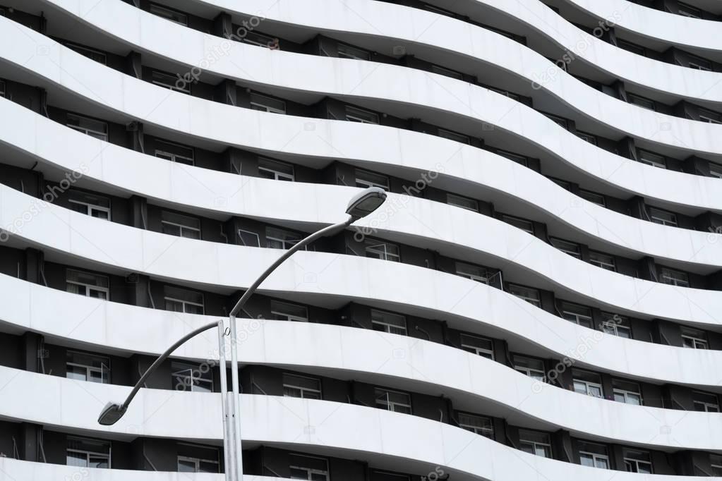 Curved facade of grey building