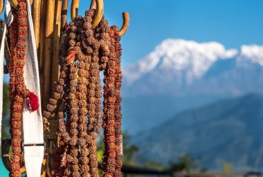 Rudraksha rosaries hanging on wooden hook clipart