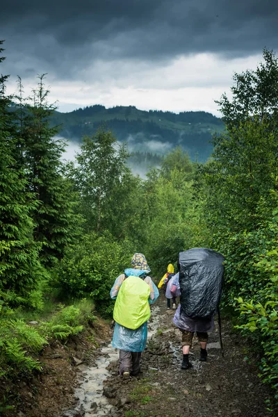 Dos turistas en impermeable caminata a la montaña en la niebla — Foto de Stock