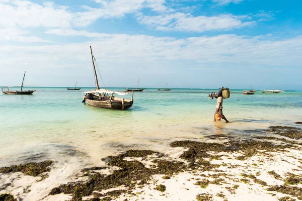 Pescador indo para barco, costa com erva daninha, Zanzibar — Fotografia de Stock