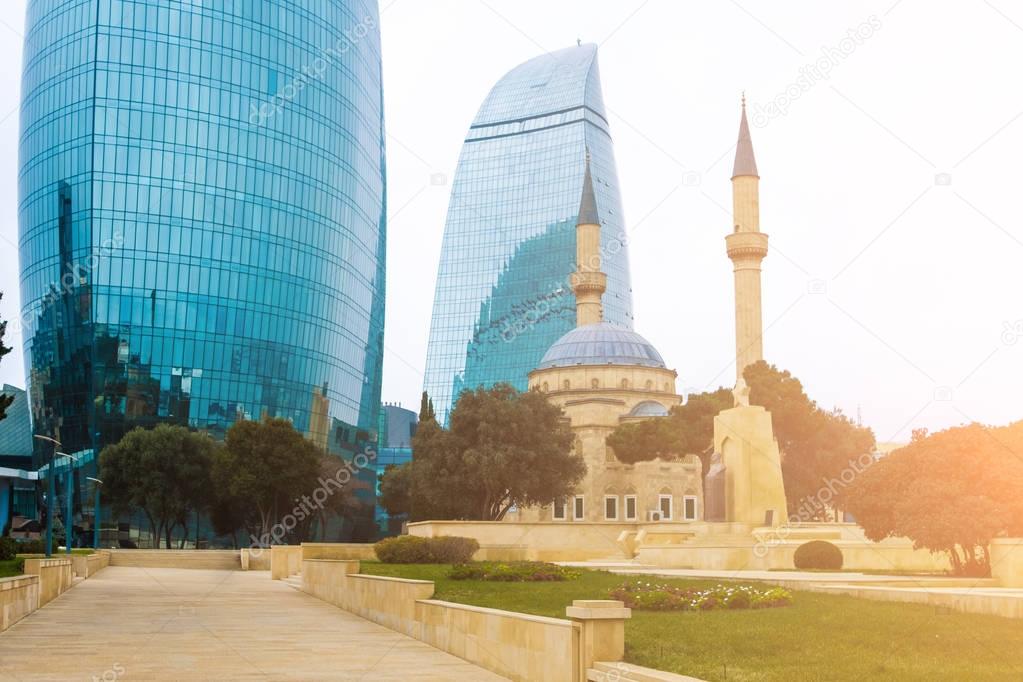 Skyscraper flame towers in Baku, Azerbaijan