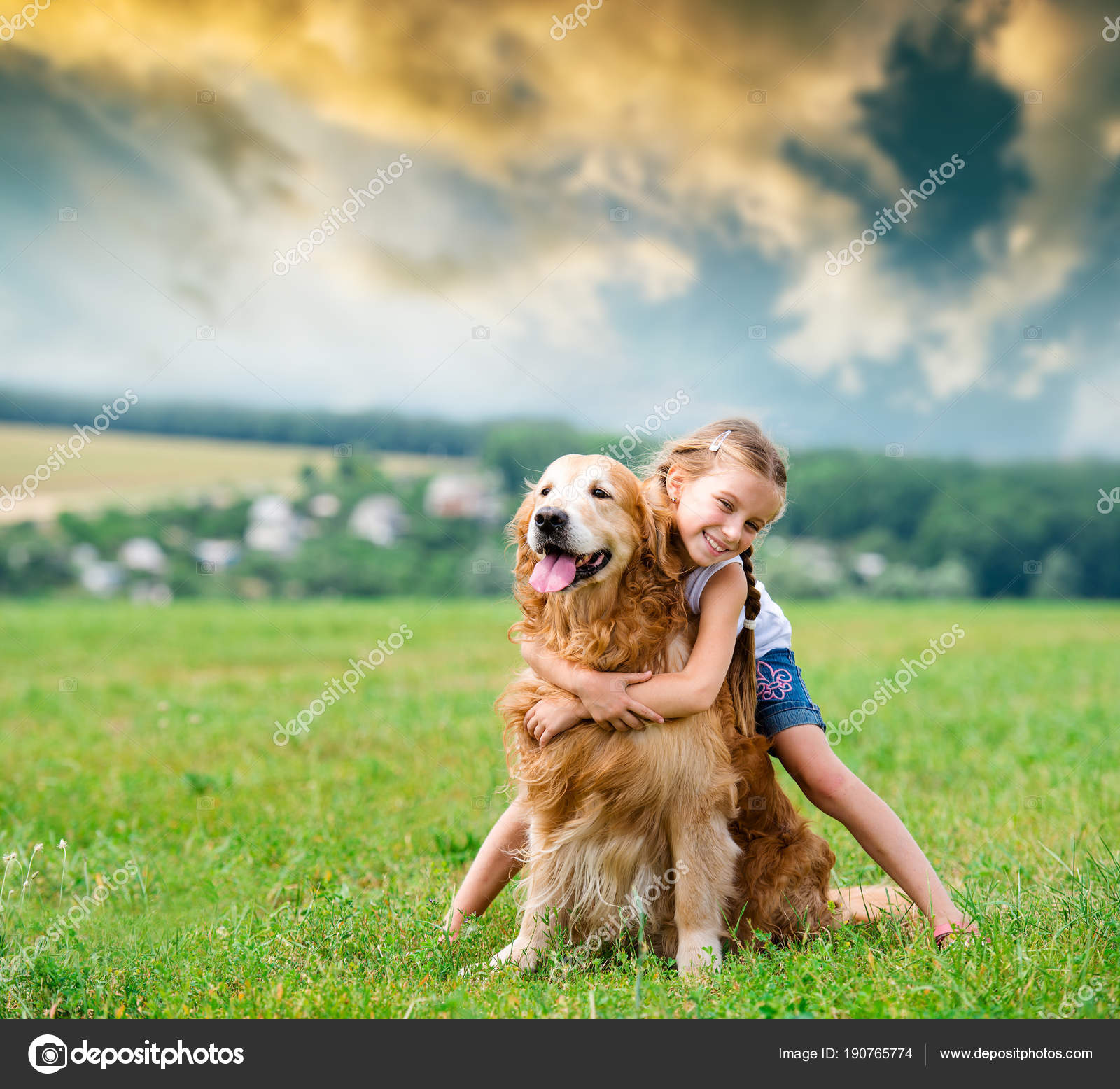 Cute Golden Retriever And Girl Woman Hugging A Dog