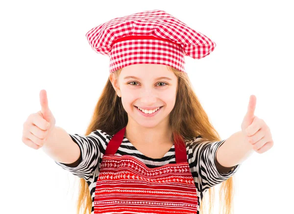 Menina em uniforme de cozinha mostra polegares para cima — Fotografia de Stock