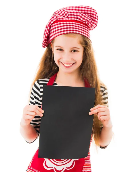 Menina segura folha de papel em branco — Fotografia de Stock