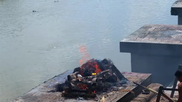 Nepalês fortalece fogo no crematório ao lado de Bagmati em Pashupatinath — Vídeo de Stock
