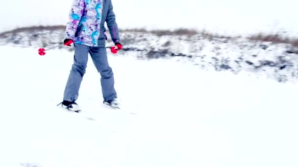 Дівчина насолоджується зимою під час катання на лижах — стокове відео