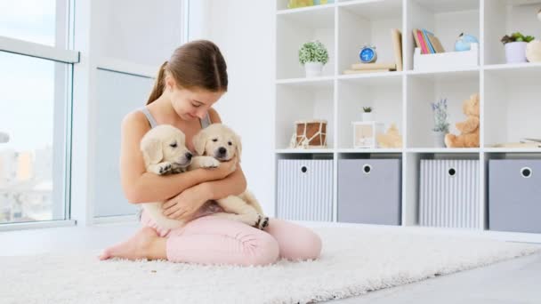 Anak anjing yang baik dipeluk oleh gadis yang baik — Stok Video