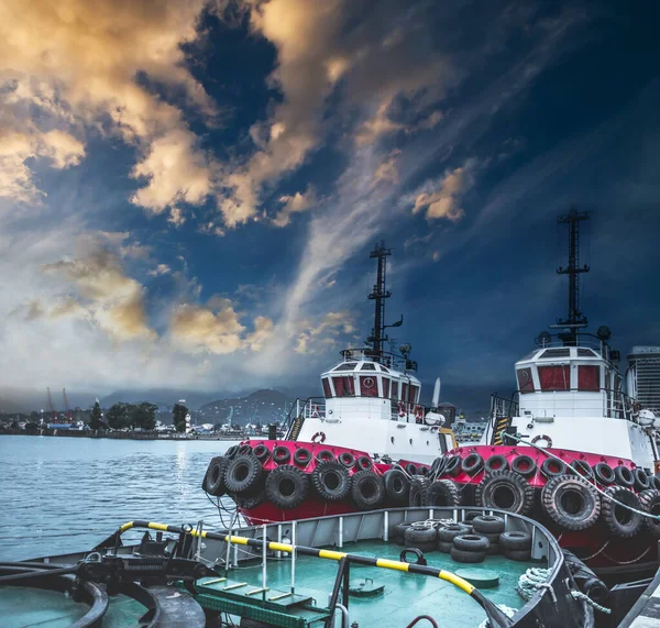 Two tugboats in the port at sunset — Stock Photo, Image