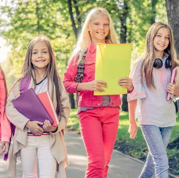 Jolies petites filles souriantes marchant ensemble dans le parc — Photo