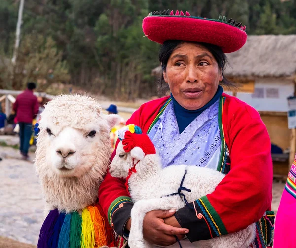 Mujer con ropa nacional sosteniendo pequeño lama en Sacsayhuaman — Foto de Stock
