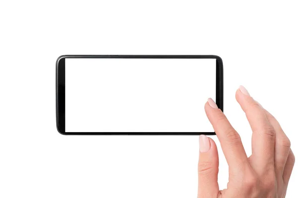 Smartphone preto com tela branca nas mãos — Fotografia de Stock
