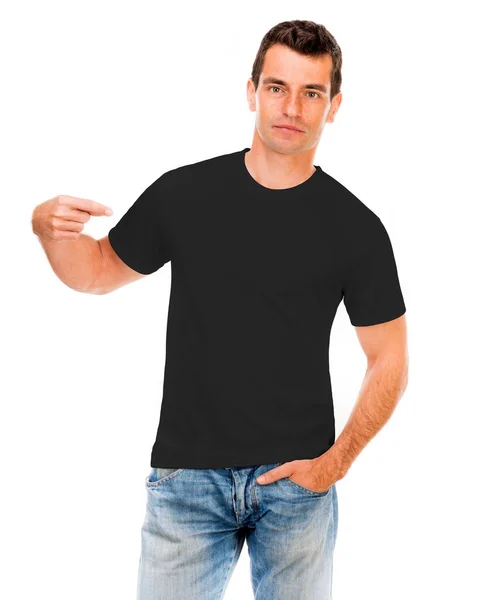 一个年轻人穿的黑色T恤 — 图库照片