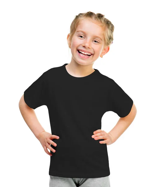 Niedliches kleines Mädchen auf schwarzem T-Shirt — Stockfoto