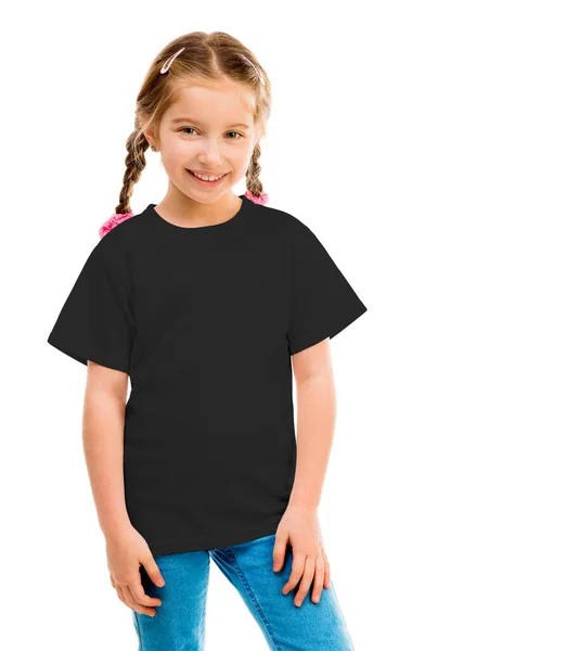 Linda niña en una camiseta negra y vaqueros azules —  Fotos de Stock