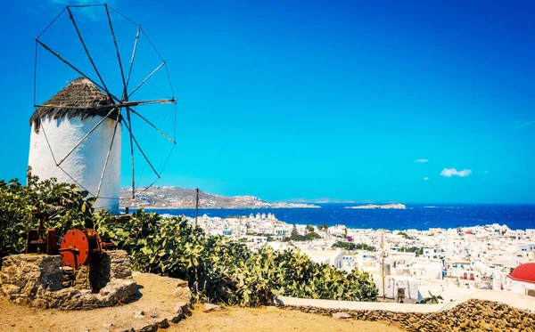 Beautiful view of Mykonos town with windmill — Stock Photo, Image