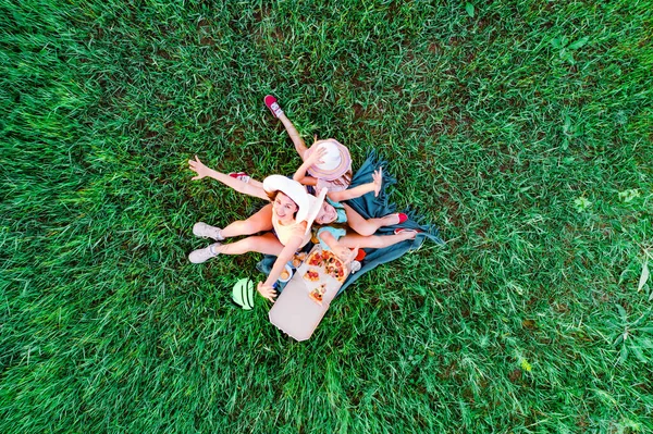 Piquenique com pizza em uma grama verde — Fotografia de Stock