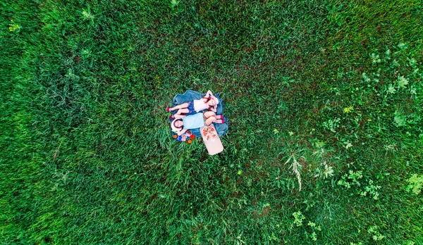 Piquenique com pizza em uma grama verde — Fotografia de Stock