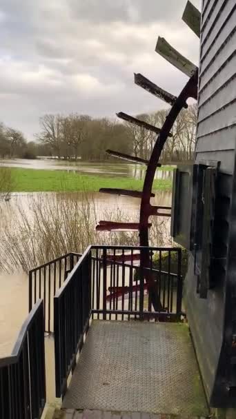 Waterwheel Surrey England. With flooded fields in the background in December. Cloudy sky and some grass and trees. — Stock Video