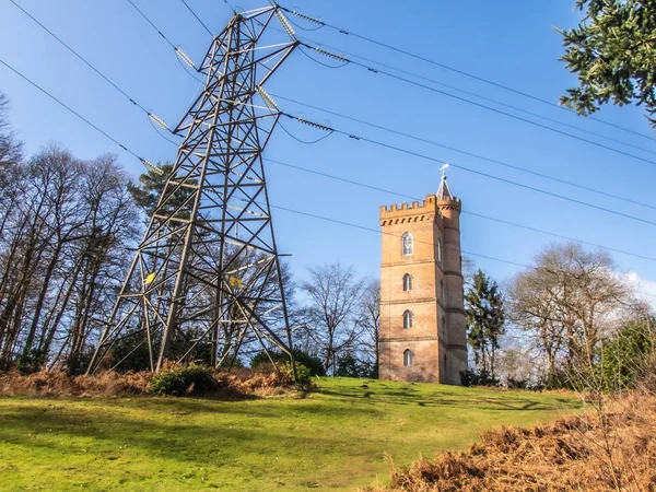 Painshill Park, Cobham Surrey, England. 11 februari 2020 Gothic Tower och el pylon. — Stockfoto