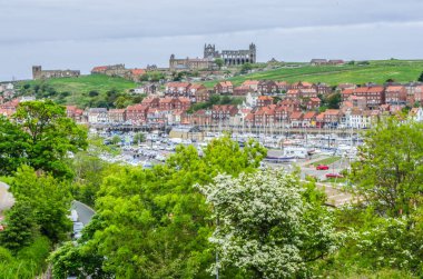 Whitby, Kuzey Yorkshire, İngiltere. 10 Haziran 2013. Manastıra doğru limanın diğer tarafına bak.