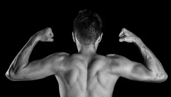 Muž kulturista ohýbání biceps, pohled zezadu — Stock fotografie