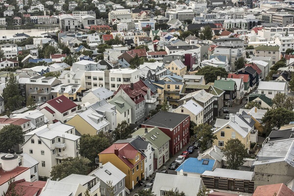Beautiful aerial view of Reykjavik, Iceland, seen from the observation tower of Hallgrimskirkja Cathedral.