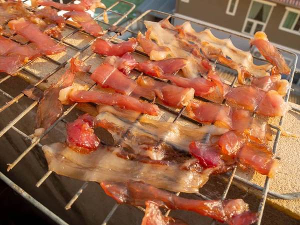 Sol Secou Carne Porco Nas Ruas Comida Bangkok Tailândia — Fotografia de Stock