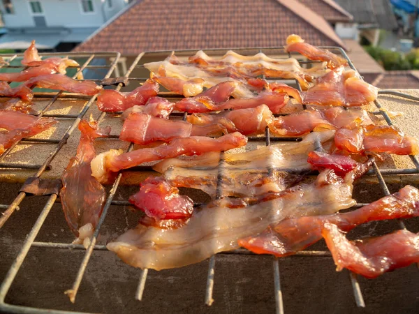 Sol Secou Carne Porco Nas Ruas Comida Bangkok Tailândia — Fotografia de Stock