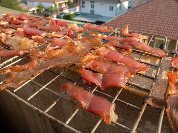 Sol Secou Carne Porco Nas Ruas Comida Bangkok Tailândia — Fotografia de Stock